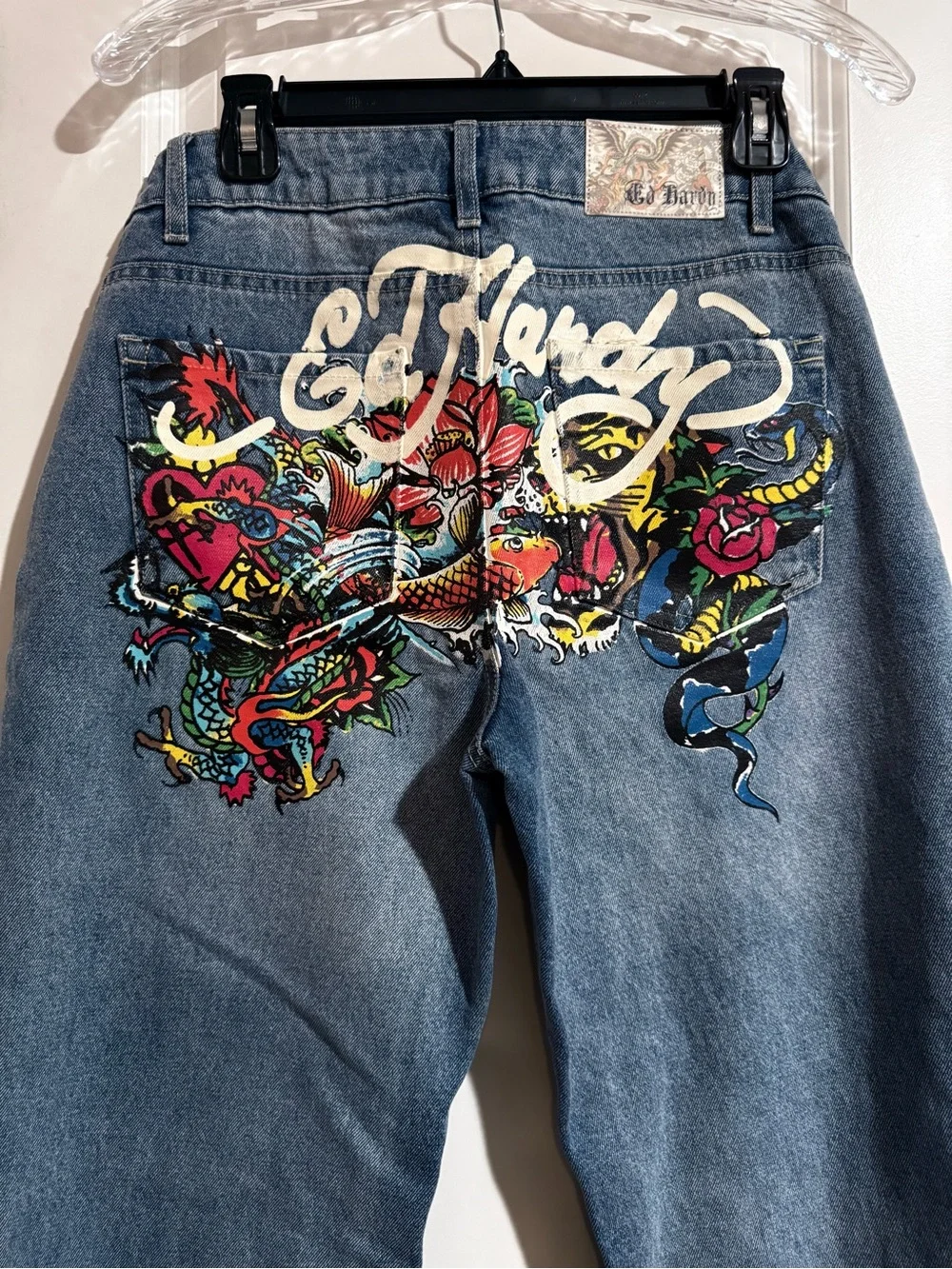 Ed Hardy Blue Denim Wide Leg Jeans with Multicolor Tattoo Back Graphic